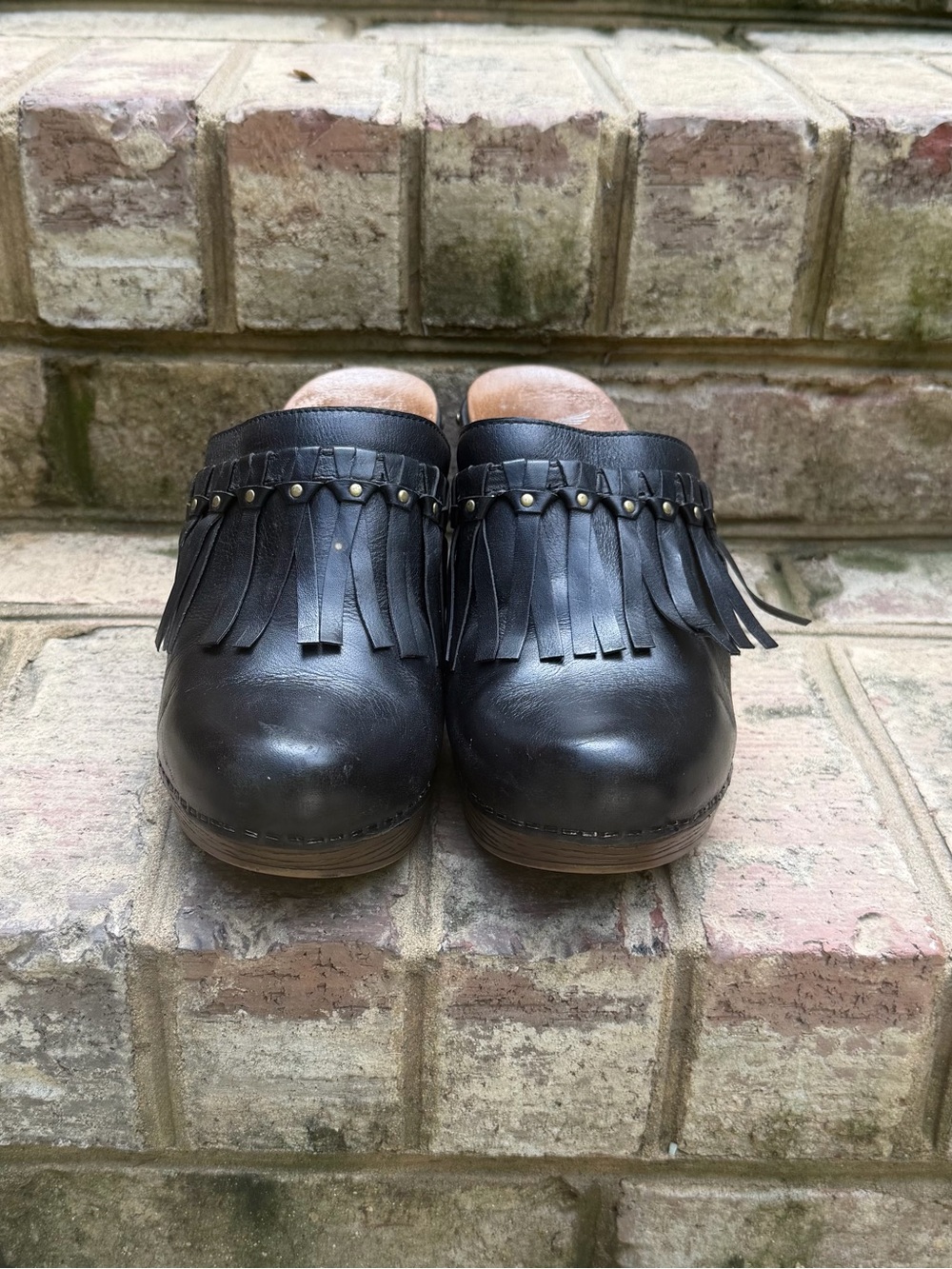 Dansko Deni Black Leather Fringe Platform Clogs Size 40